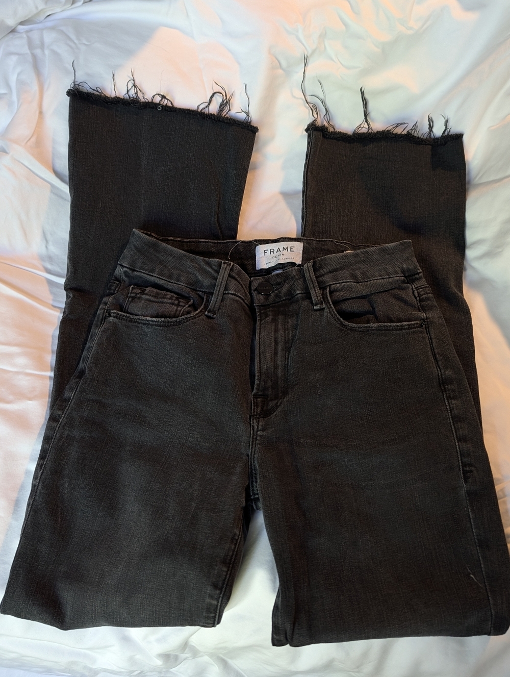 Frame Denim Black Frayed-Hem Flare Jeans